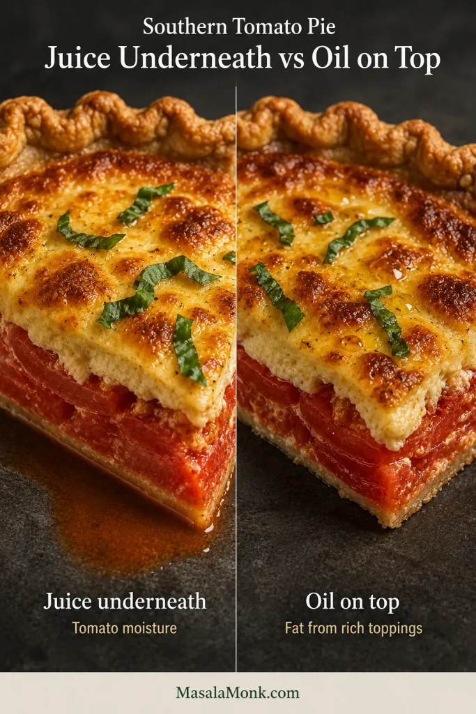 Close comparison of tomato pie with thin reddish juice pooling beneath a slice and amber oil droplets sitting on top of the browned cheese.