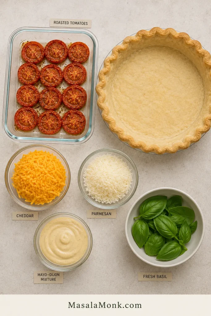 Overhead arrangement of lightly roasted tomato rounds, empty blind-baked crust, grated cheddar, Parmesan, mayo-Dijon mixture, and whole fresh basil kept separately.