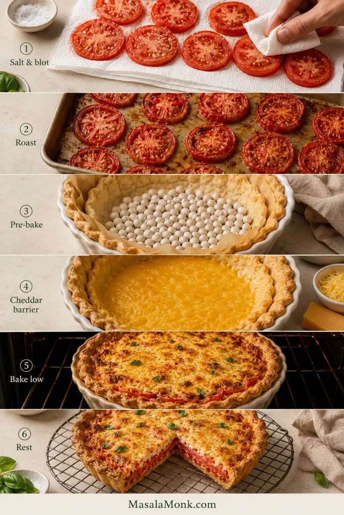 Tomato pie guide showing tomatoes salted and blotted, roasted, crust blind-baked, a thin cheddar barrier, a low-rack bake, and the finished pie resting.