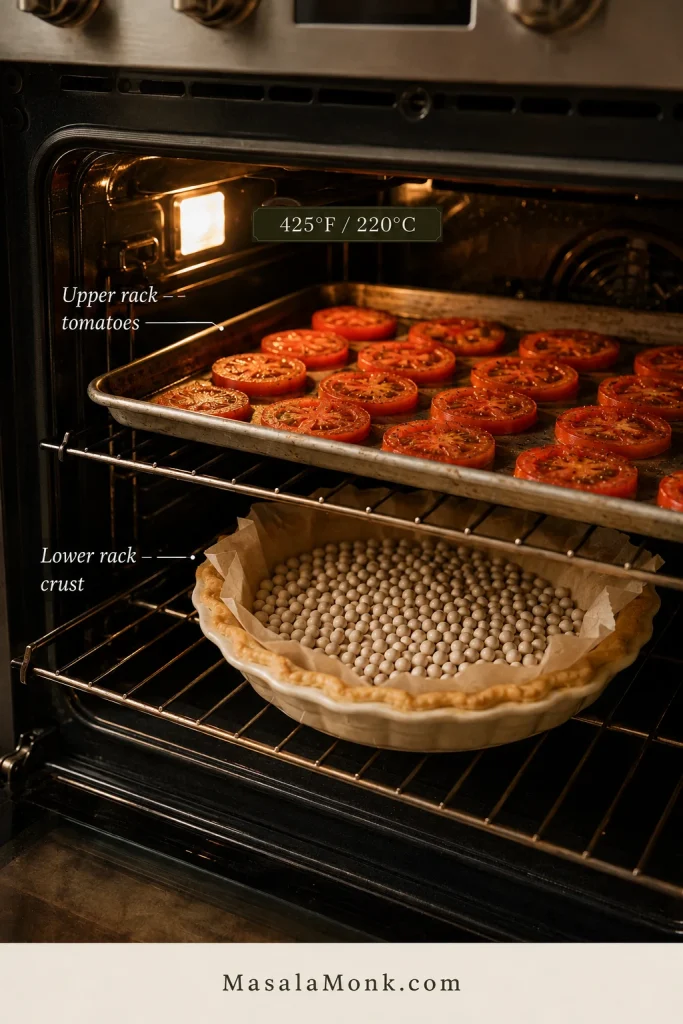Home oven showing a tray of tomatoes roasting on the upper rack while a weighted pie crust blind-bakes on the lower rack at 425 degrees Fahrenheit.