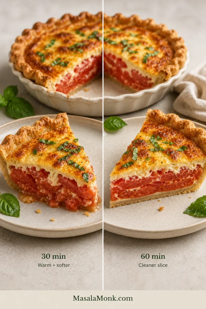 Two tomato pie wedges compare a warmer, softer slice after 30 minutes of resting with a cleaner, more firmly set slice after 60 minutes.