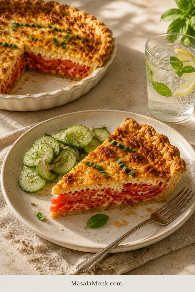 Southern tomato pie wedge served with cucumber salad and an iced lemon drink, with the remaining pie visible in the background under warm afternoon light.