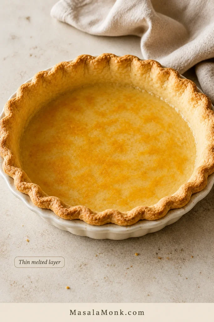 Close view inside an empty blind-baked pie shell with a thin layer of melted cheddar coating the bottom crust.