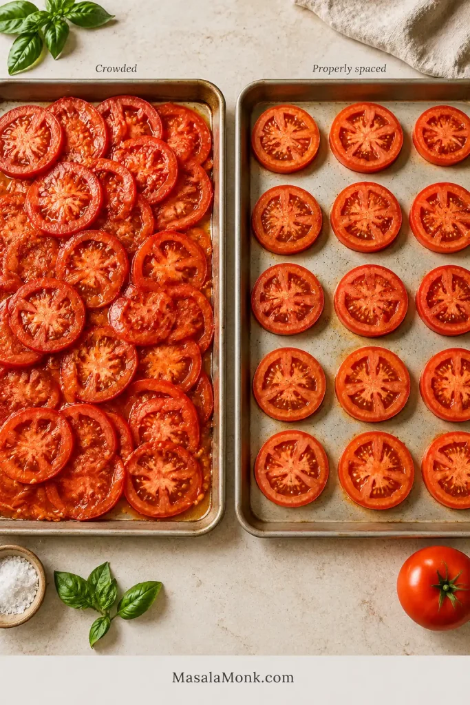 Two sheet pans compare overlapping tomato slices with tomato slices arranged in a single layer with space between them.