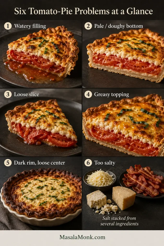 Six-panel tomato pie troubleshooting guide showing watery filling, pale bottom crust, loose filling, greasy topping, a dark rim with loose center, and several salty ingredients combined.