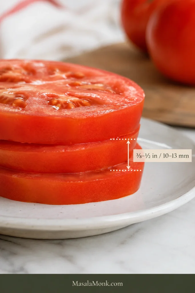Side view of tomato slices with a measurement guide showing the target thickness of 3/8 to 1/2 inch, or 10 to 13 millimeters.