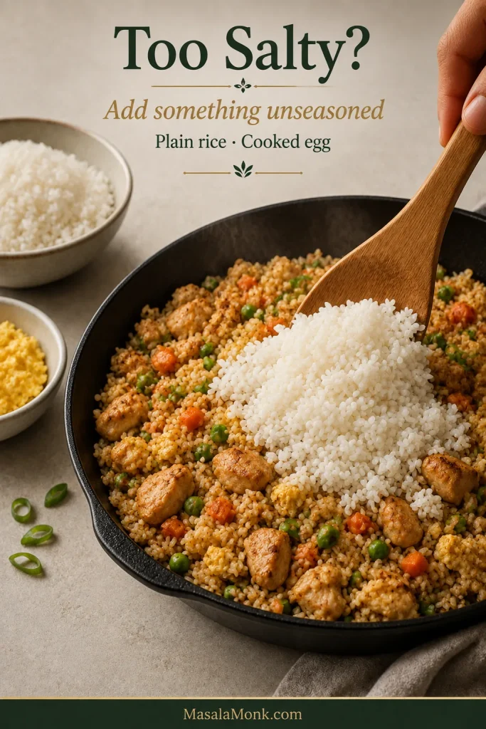 Over-seasoned chicken fried rice being mixed with plain unseasoned cooked rice, with cooked egg shown nearby as another possible dilution ingredient.