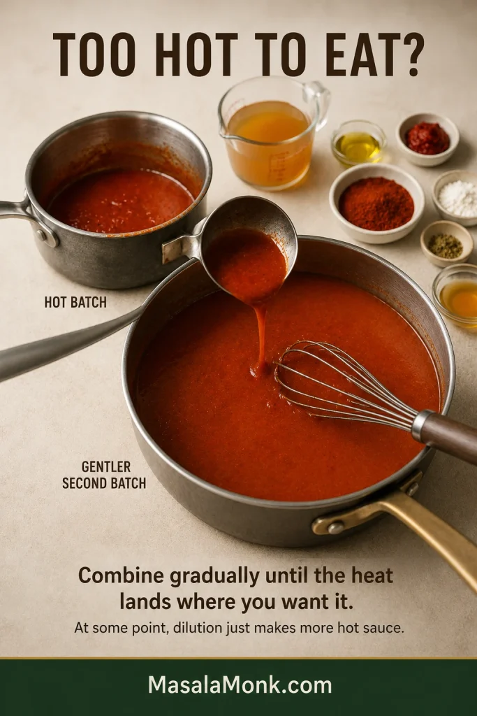 Ladle transferring a small amount of very spicy enchilada sauce from one saucepan into a larger gentler batch, with a whisk ready to combine them.
