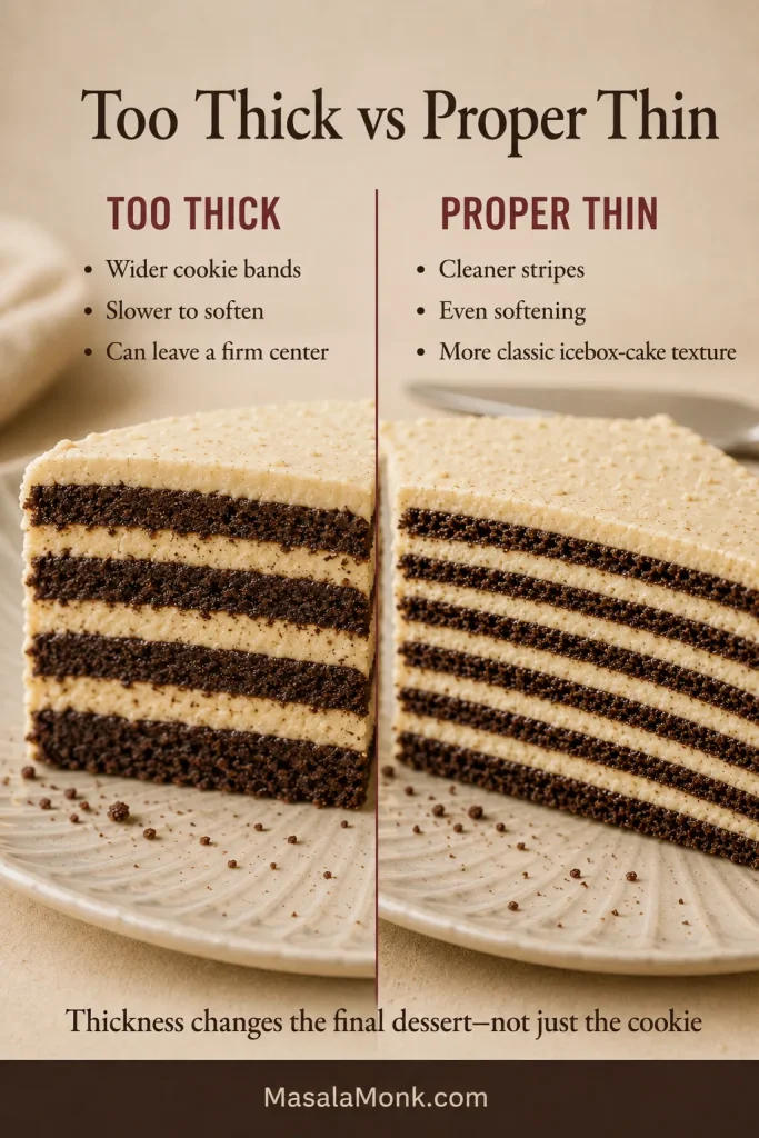 Side-by-side icebox cake slices comparing wide thick cookie layers with narrow, evenly softened chocolate wafer layers.