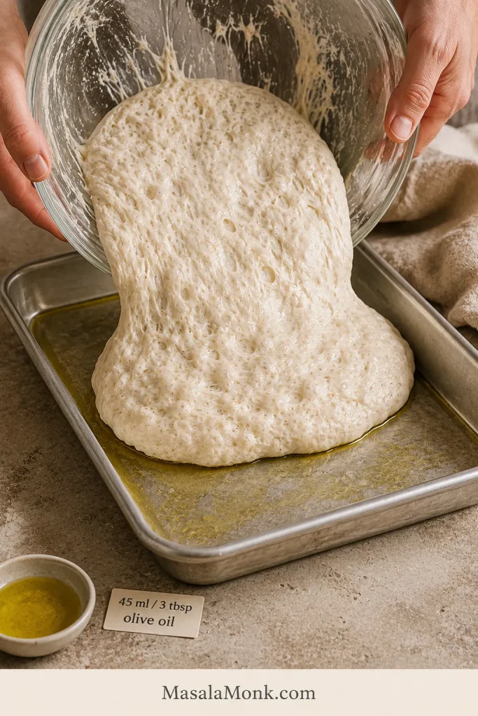 Bubbly fermented focaccia dough being gently tipped from a glass bowl into an olive-oiled rectangular metal pan.