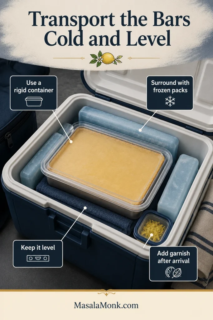 A rigid covered container of lemon bars sits level inside an insulated cooler with frozen packs, a stabilising towel and garnish packed separately.