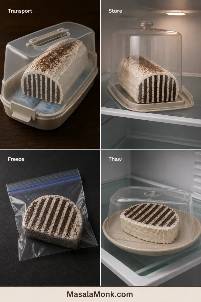 Four-part guide showing an icebox cake in a carrier over cold packs, covered in a refrigerator, wrapped for freezing and thawing covered in the refrigerator.
