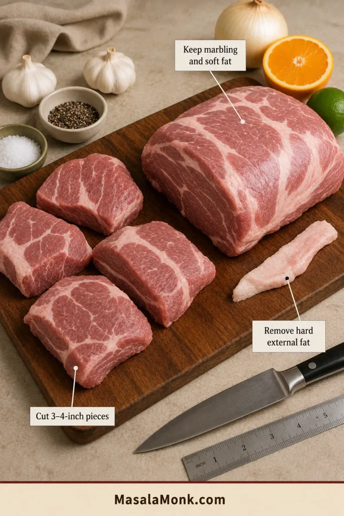 Partly trimmed pork shoulder with hard exterior fat removed and several large irregular pieces beside a 3–4-inch size guide.