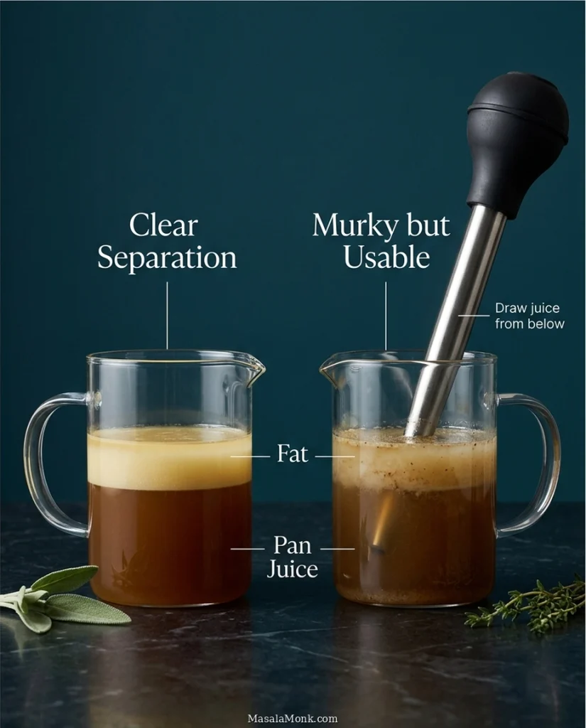 Two clear containers compare well-separated and cloudy turkey drippings, with pale fat above darker pan juice and a baster drawing juice from below.