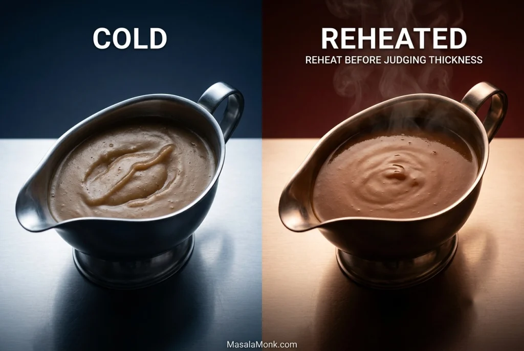 Side-by-side view of the same gravy set and gelatinous when cold, then smooth, glossy and fluid after reheating.