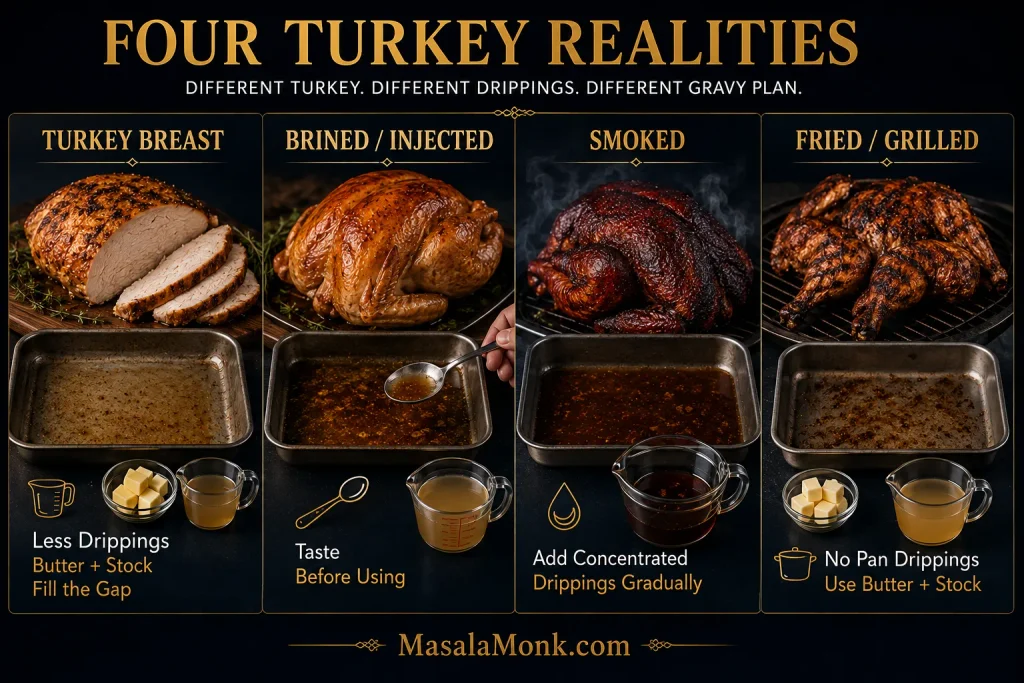 Four-panel comparison of gravy approaches for turkey breast, brined or injected turkey, smoked turkey, and fried or grilled turkey.