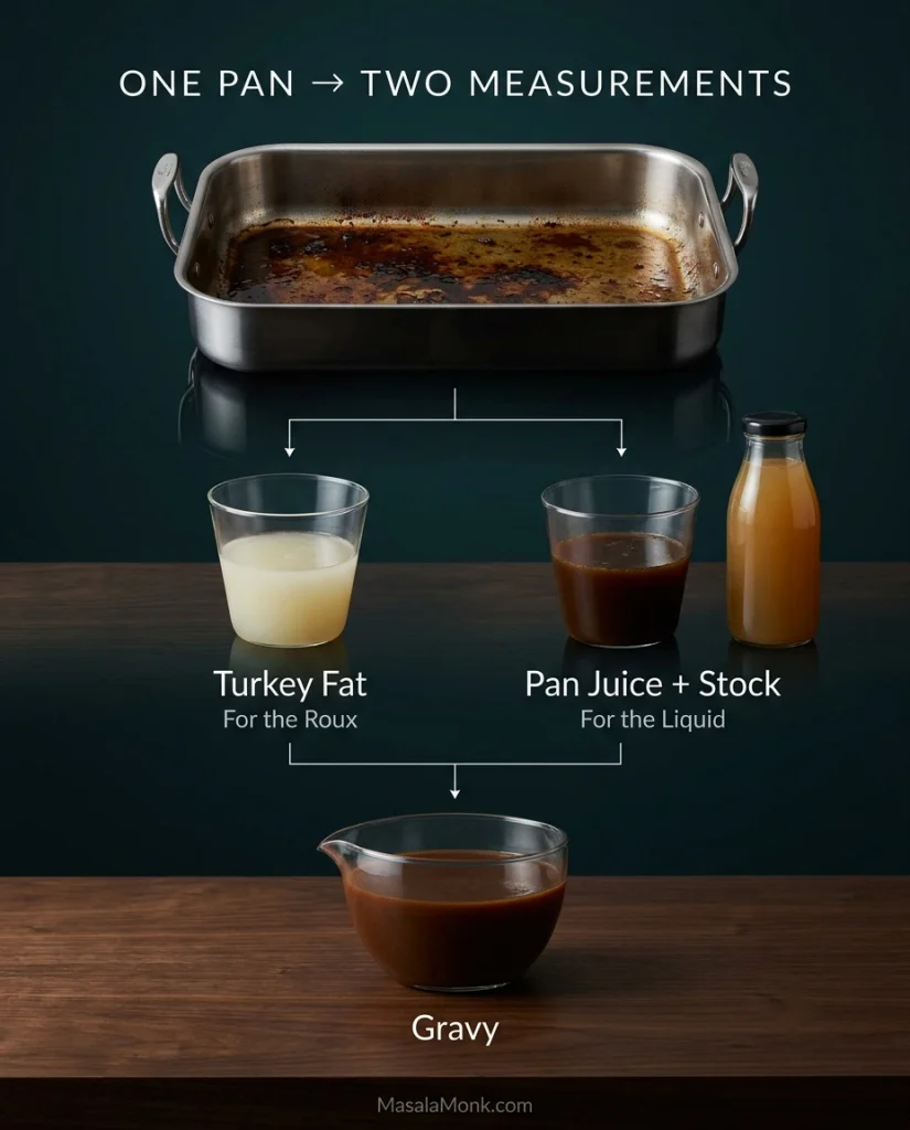 Roasting pan with turkey drippings separated into fat for roux and pan juice with stock for gravy liquid, leading to finished gravy.
