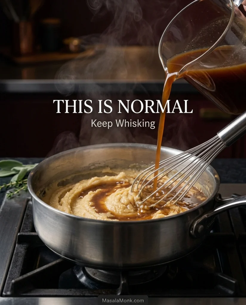 Liquid being poured into roux while a whisk works through the very thick paste formed after the first addition.