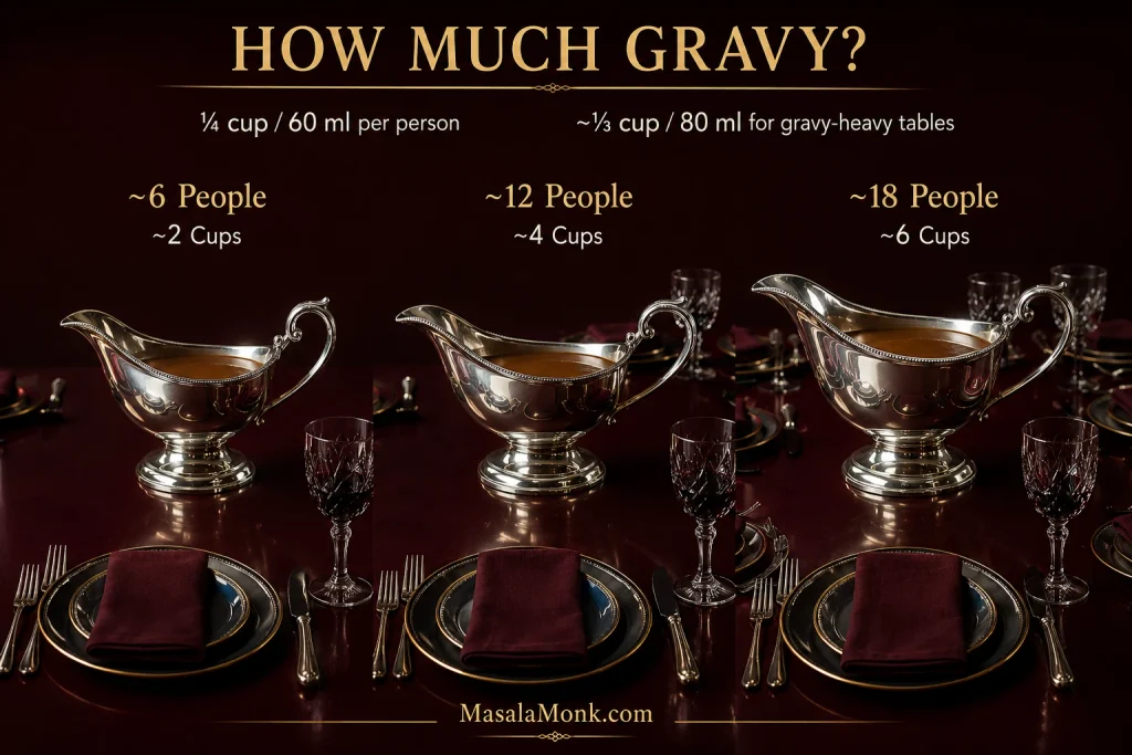 Three increasingly large silver gravy boats represent gravy quantities for tables of about 6, 12 and 18 people.