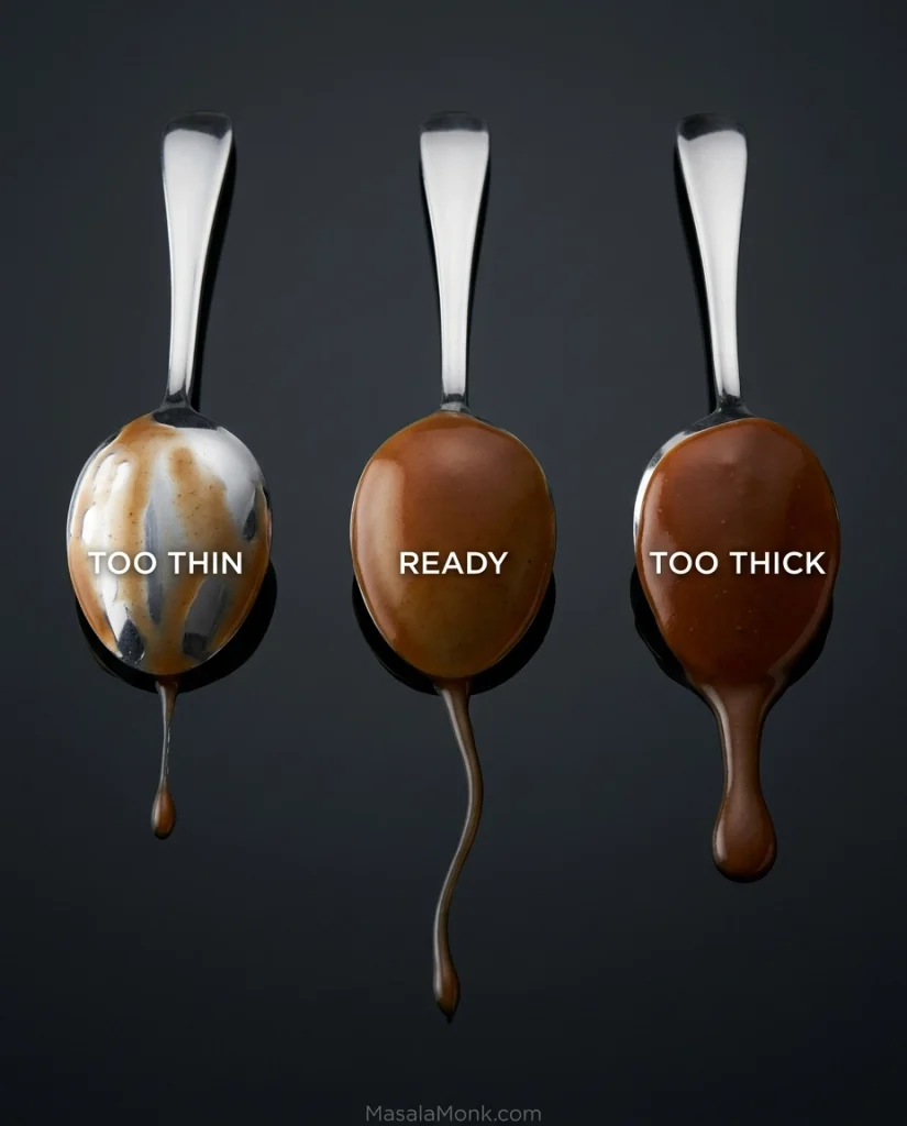 Three identical spoon backs compare gravy that is too thin, ready and too thick based on how heavily it coats and drips.