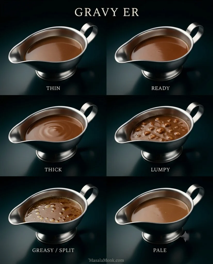 Six matching pans compare gravy that is thin, ready, thick, lumpy, greasy or split, and pale.