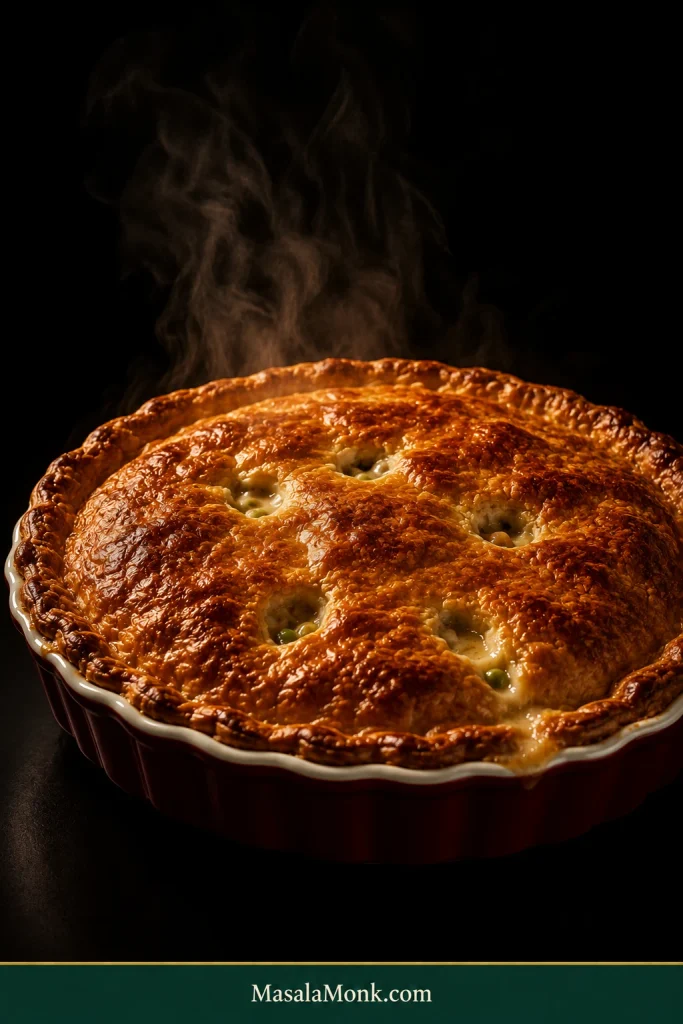 Freshly baked turkey pot pie with a glossy dark-golden crust, steam rising and creamy filling bubbling through several vents.