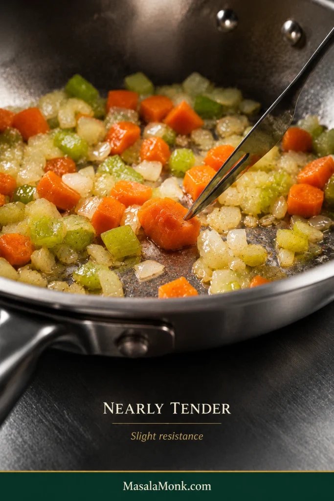 Fork testing a small carrot piece in a stainless skillet with softened diced onion and celery. Text reads “Nearly tender — Slight resistance.”