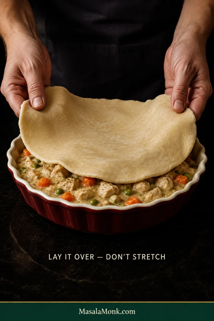 Two hands gently lowering a round of pie dough over creamy turkey pot pie filling in a deep burgundy pie dish.