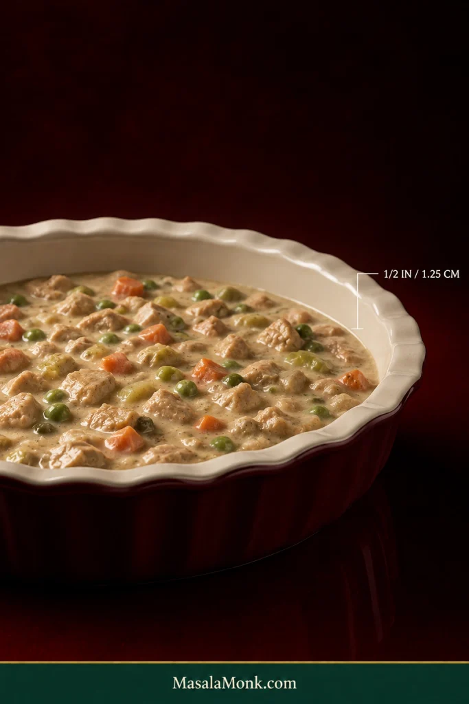 Burgundy pie dish filled with creamy turkey and vegetables to about half an inch below the rim, marked with a 1/2 inch or 1.25 cm bracket.