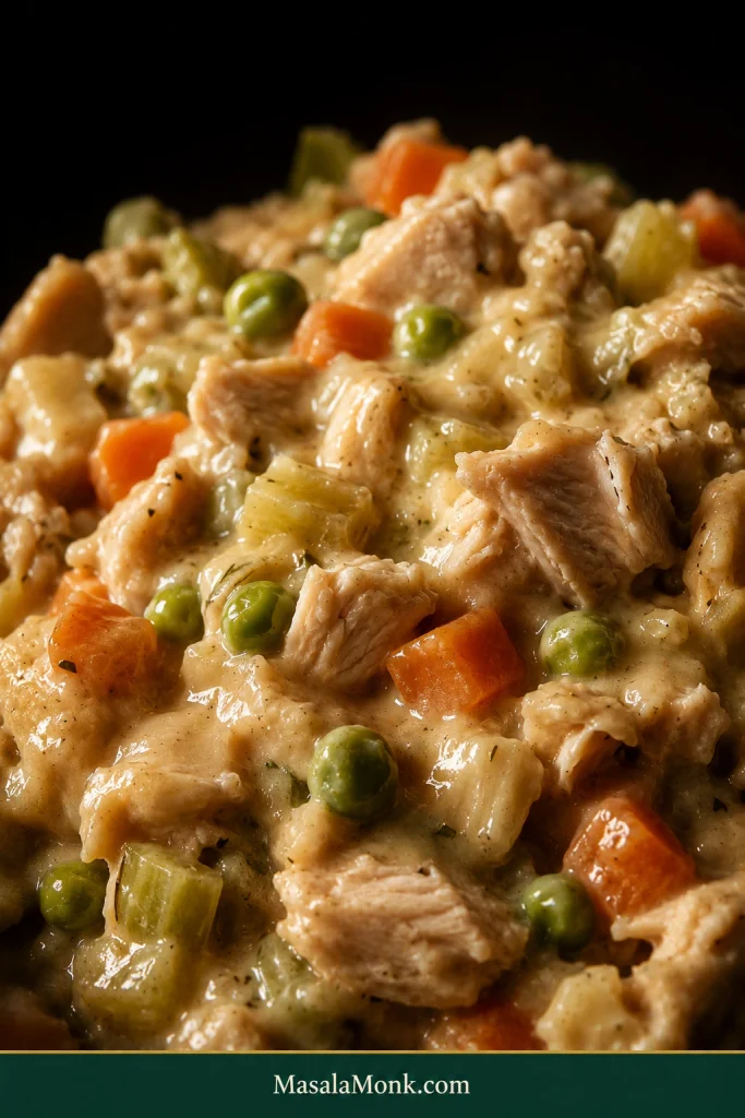 Close-up of creamy turkey pot pie filling with irregular pieces of turkey, carrots, peas and celery coated in a glossy pale-golden sauce.