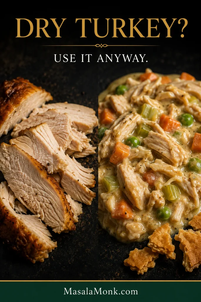 Split food photograph showing slices of slightly dry roast turkey on one side and the same type of turkey coated in creamy pot pie filling with carrots, peas and celery on the other.