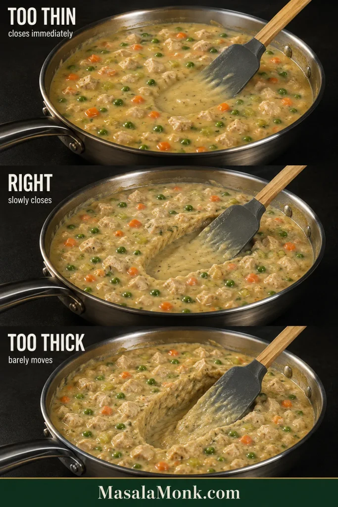 Three views of turkey pot pie filling in the same skillet showing too-thin filling that closes quickly, correct filling that slowly closes, and too-thick filling that barely moves.