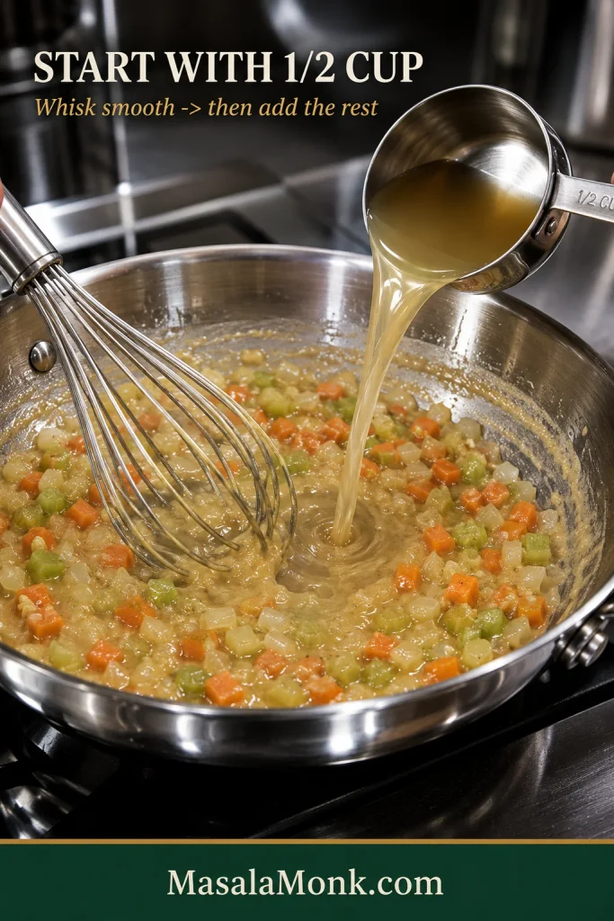 Broth being poured from a half-cup metal measure into cooked carrot, onion and celery while a whisk mixes the thick roux in a stainless skillet.
