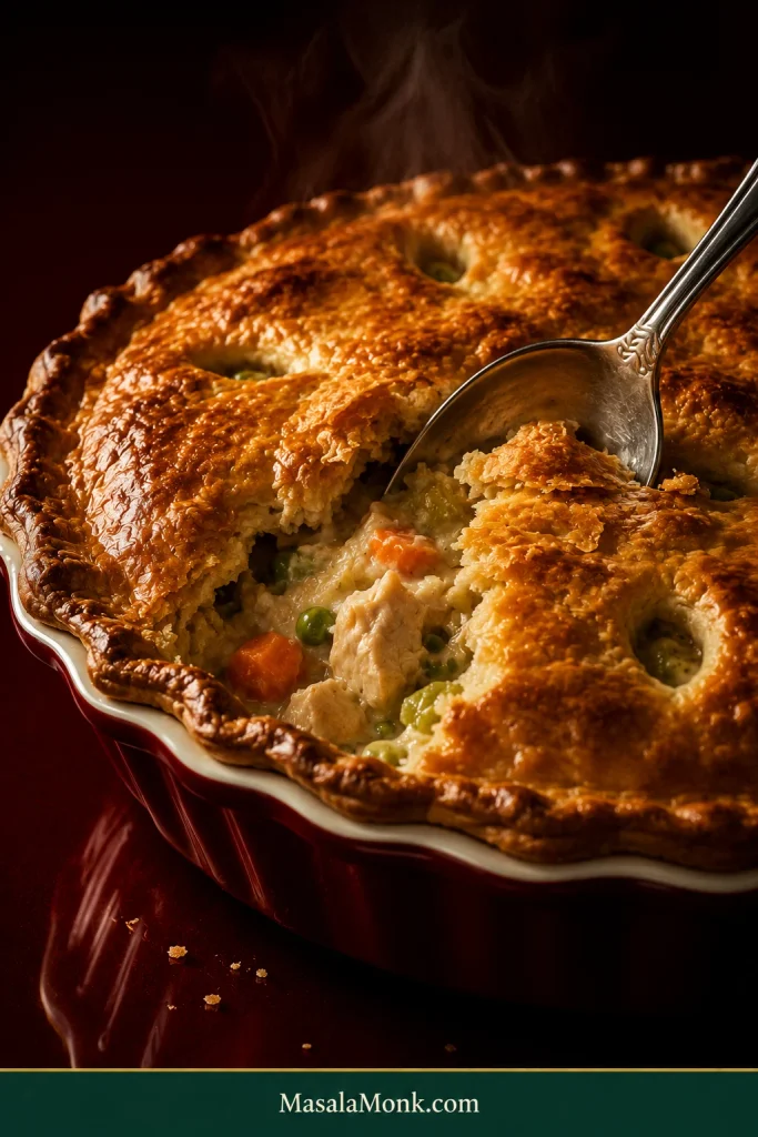 Silver serving spoon breaking through the deeply browned top crust of a turkey pot pie, exposing creamy turkey and vegetable filling underneath.