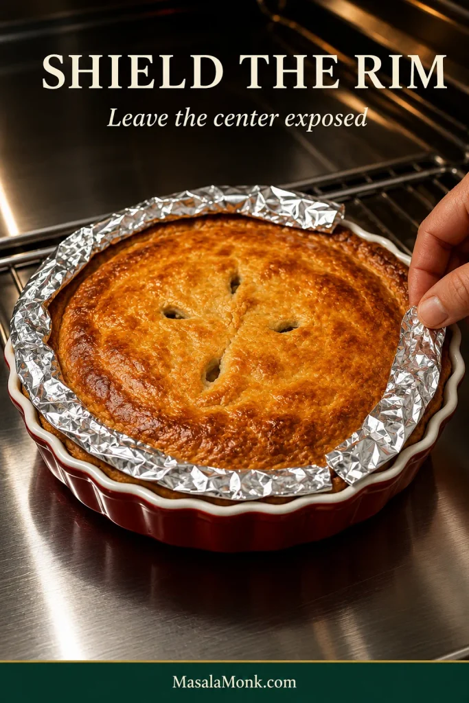 Whole golden turkey pot pie in a burgundy dish with strips of aluminum foil wrapped around the outer crust rim while the center remains uncovered.