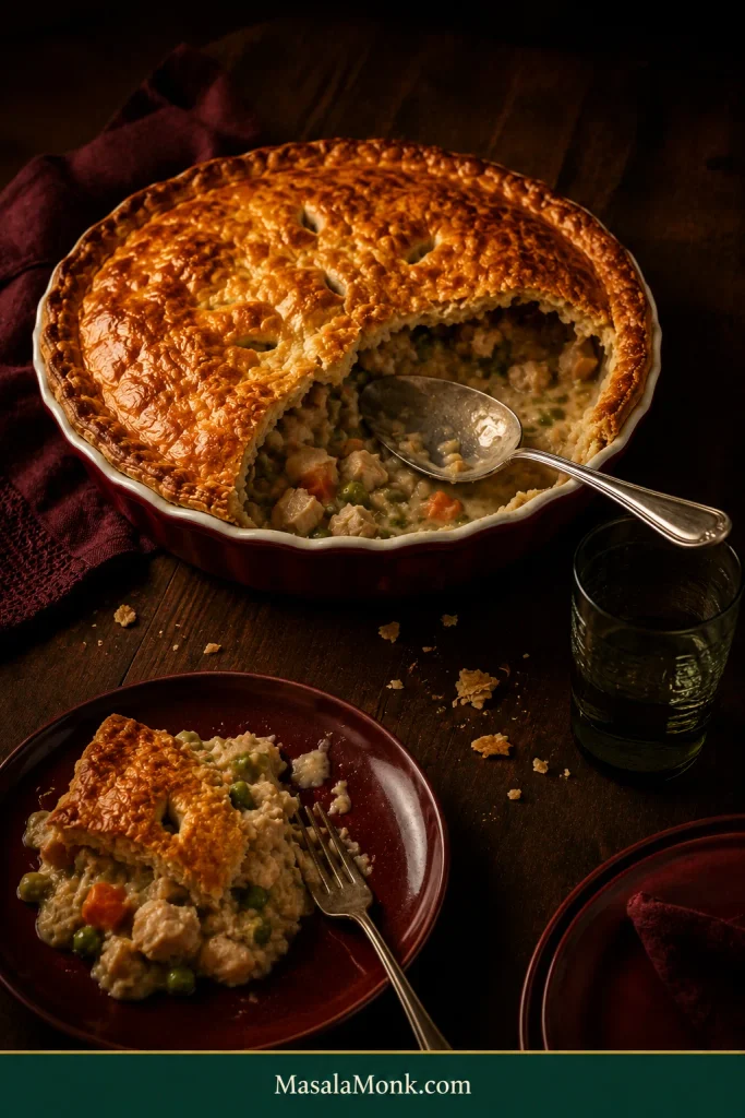 Half-served turkey pot pie in a burgundy dish on a dark wooden table with a serving spoon, pastry crumbs, a partly eaten portion on a plate and a dark drinking glass.