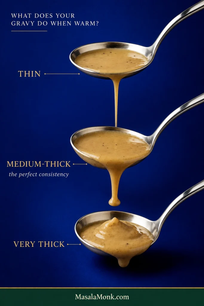 Three metal spoons against a blue background demonstrating thin flowing turkey gravy, medium-thick gravy that coats the spoon, and very thick gravy that holds a mound.
