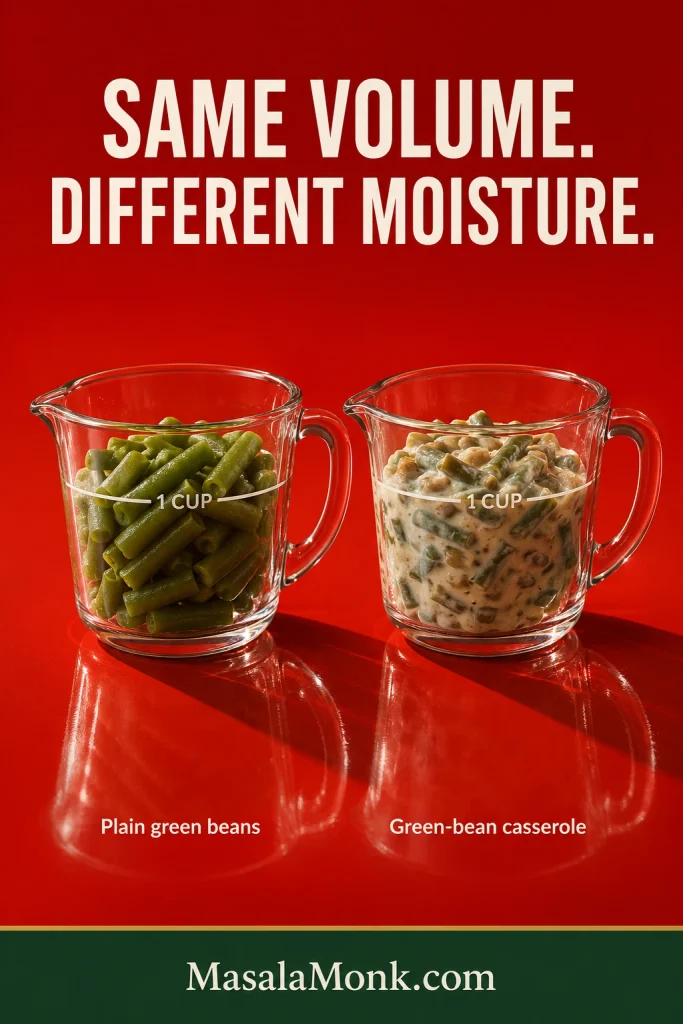 Two identical one-cup glass measures on a red background, one holding plain green beans and the other holding creamy green-bean casserole.