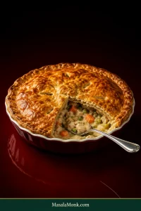 Deep burgundy pie dish holding a golden turkey pot pie with one serving removed, revealing creamy turkey, carrots, peas and celery beneath the top crust.