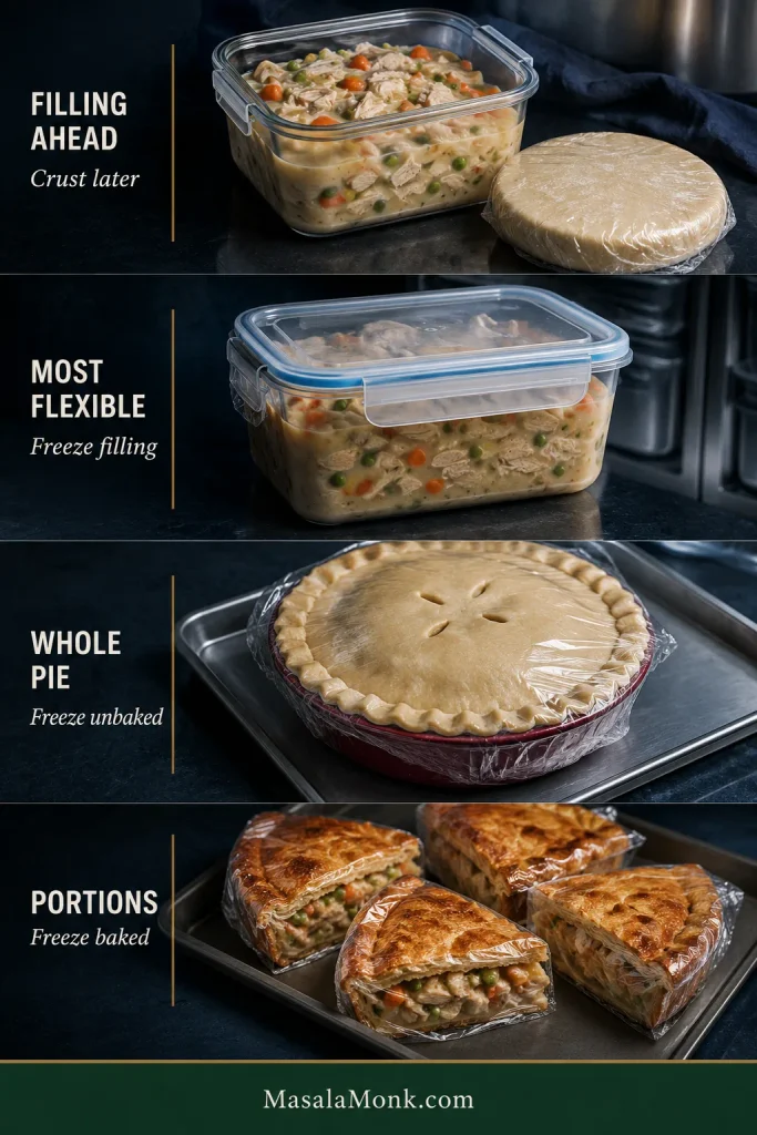 Four-part storage guide showing turkey pot pie filling with separate pastry, filling in a freezer container, a wrapped unbaked whole pie, and wrapped portions cut from a baked pie.