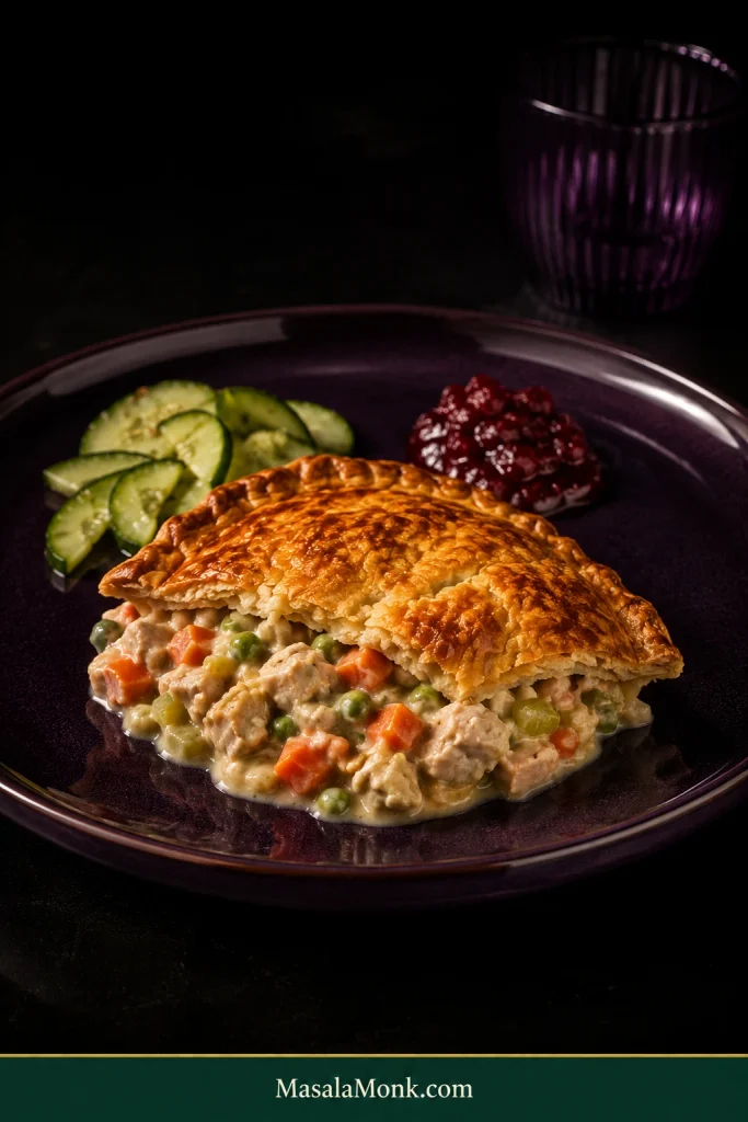 Serving of creamy turkey pot pie topped with a large piece of golden crust on a dark plum plate, accompanied by sliced cucumber salad and cranberry sauce.