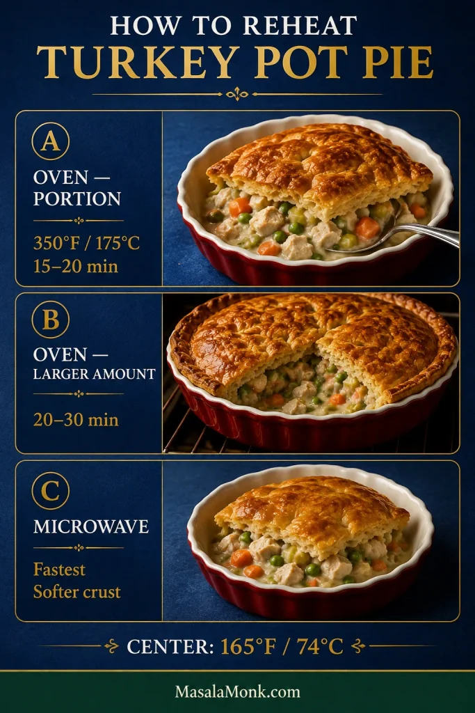 Three-part reheating guide showing an oven-reheated portion, a larger amount of turkey pot pie and a microwave-reheated portion, with a center-temperature reminder of 165°F or 74°C.