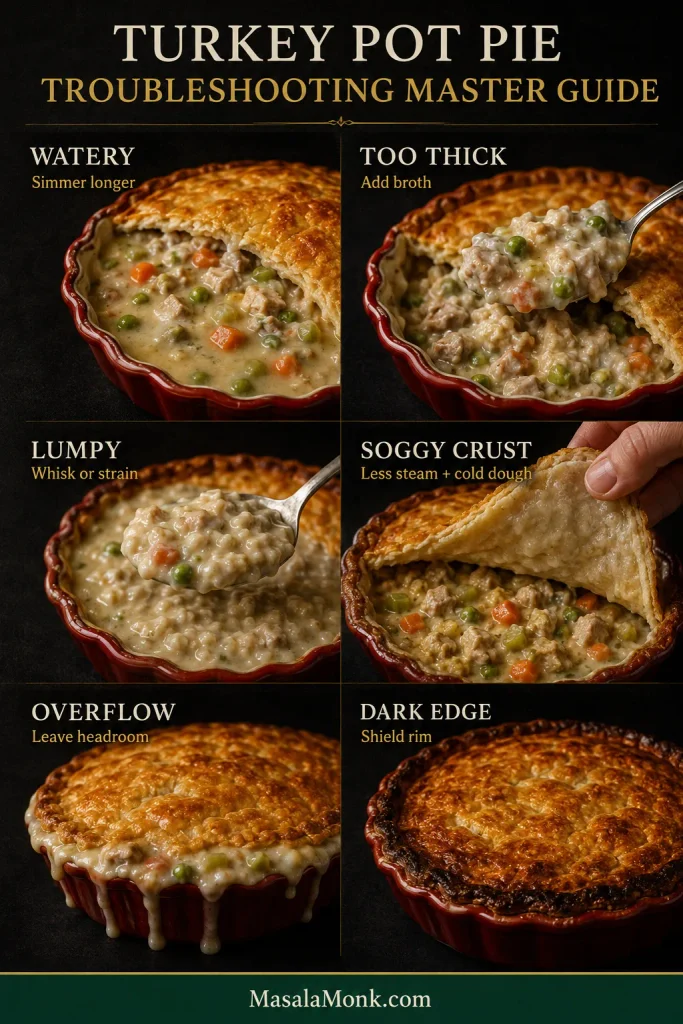 Six-part turkey pot pie troubleshooting guide showing watery filling, overly thick filling, lumpy sauce, soggy pastry, filling overflowing a pie dish and a darkened crust edge.