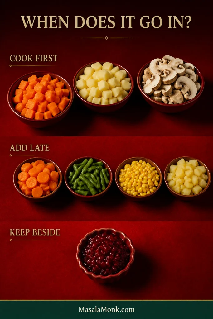 Red-background guide grouping raw carrots, potatoes and mushrooms under “Cook First,” cooked carrots, green beans, corn and potatoes under “Add Late,” and cranberry sauce under “Keep Beside.”