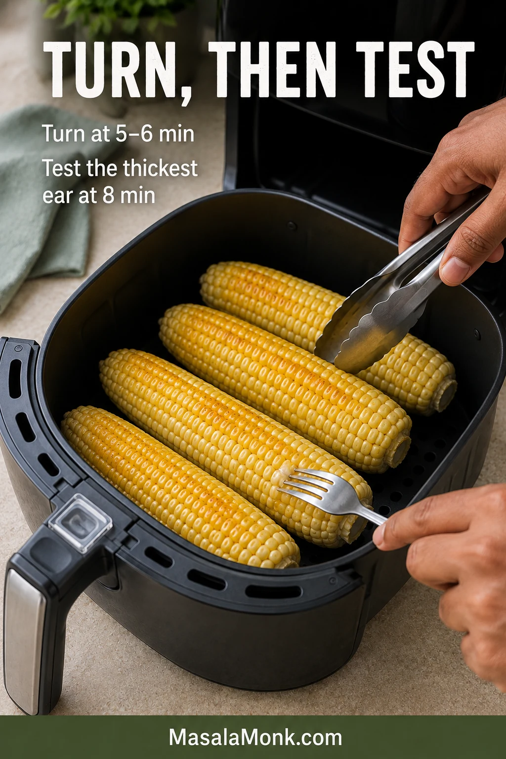 Partially cooked corn being turned with metal tongs while a fork tests a kernel on the thickest ear.