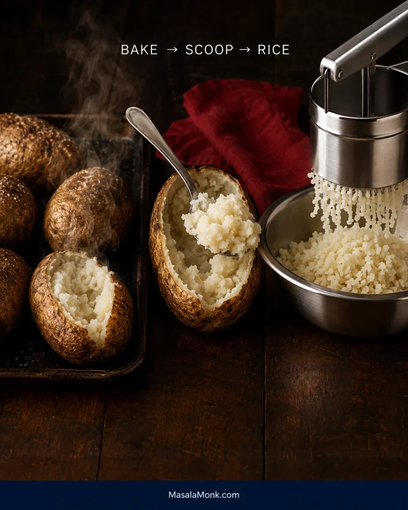 Baked russet potatoes beside scooped potato flesh and a metal potato ricer, illustrating the bake, scoop and rice preparation sequence.
