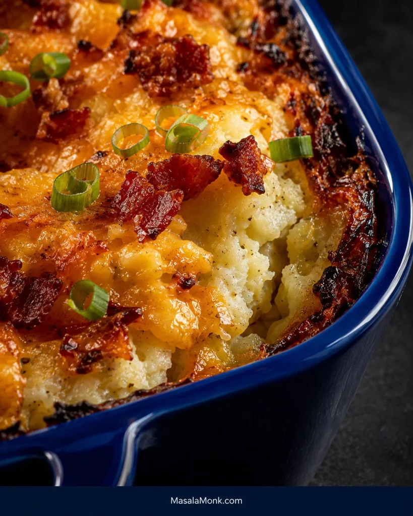 Close-up of the casserole's browned edge with caramelized cheddar, fluffy potato, crisp bacon and sliced green onions in a cobalt-blue baking dish.