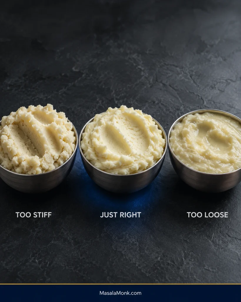 Three bowls labeled too stiff, just right and too loose, showing dry firm potatoes, softly moundable potatoes and runny potatoes.