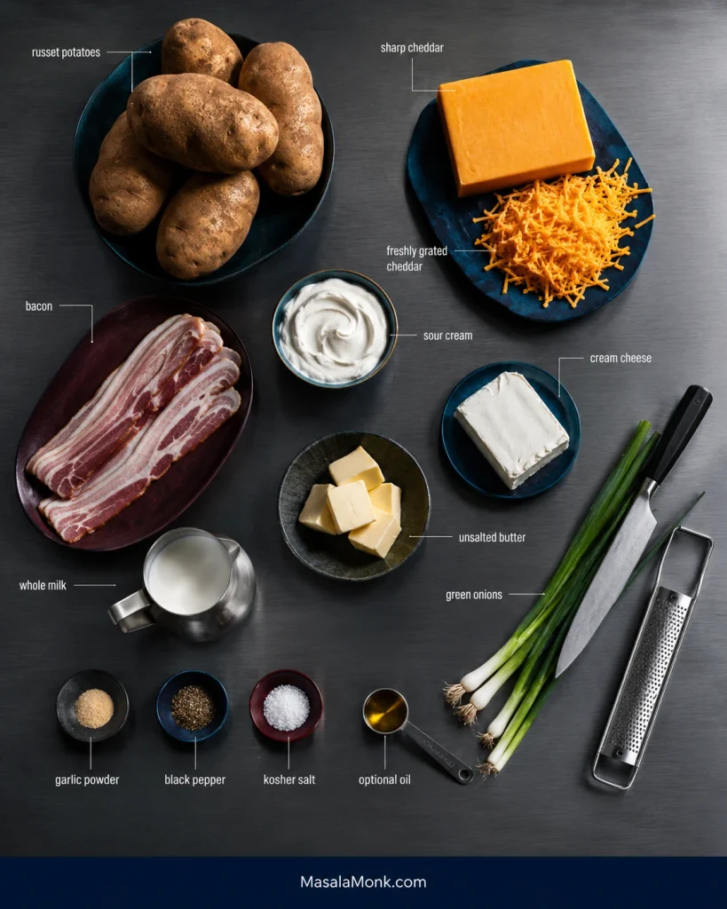 Overhead layout of russet potatoes, butter, cream cheese, sour cream, milk, cheddar, bacon, green onions and seasonings for twice baked potato casserole.