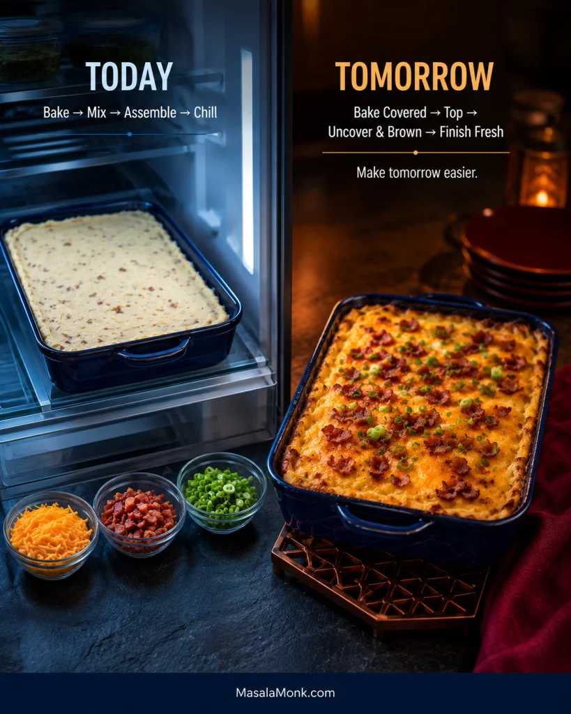 Make-ahead sequence with an assembled twice baked potato casserole in a refrigerator and reserved toppings, followed by the browned finished casserole the next day.